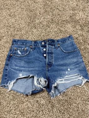 Levi's Distressed Mid-Blue High-Rise Jean Shorts